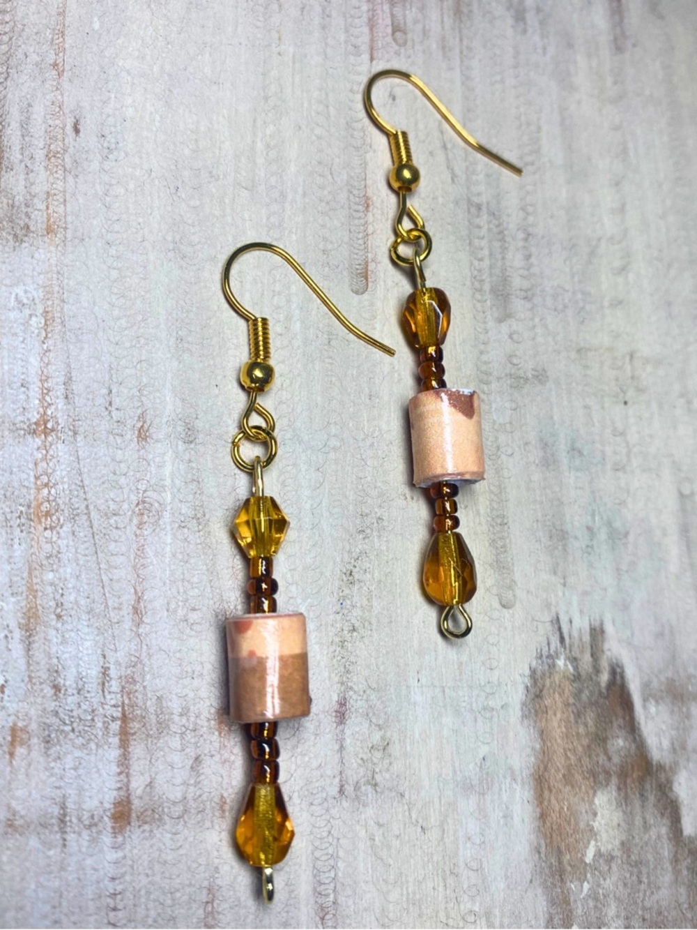 Handmade Czech Glass Amber and Paper Bead Dangle Earrings